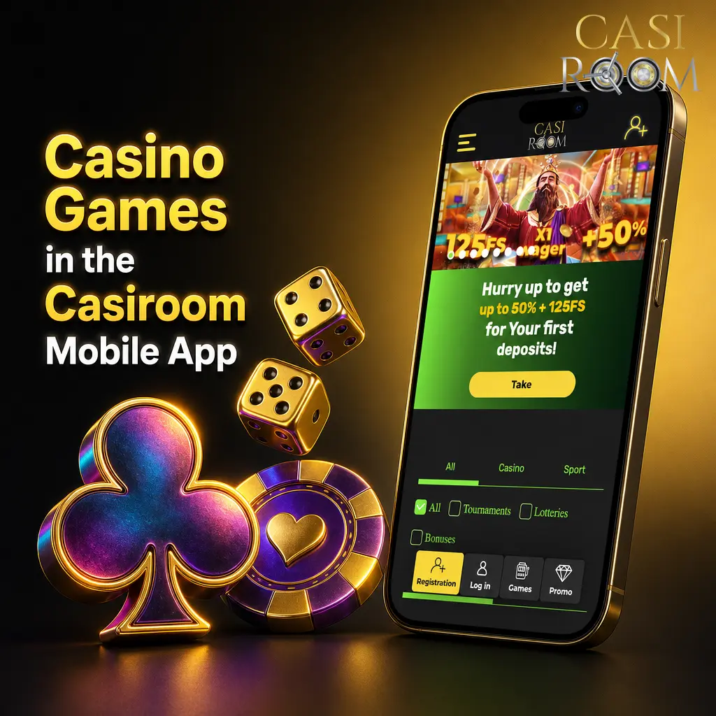 Casiroom mobile app casino lobby with slots, live dealer games, filters and account balance menu