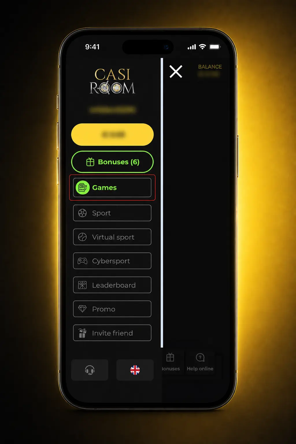 Casiroom casino lobby after deposit showing slots, crash games, live casino and stake controls for gameplay