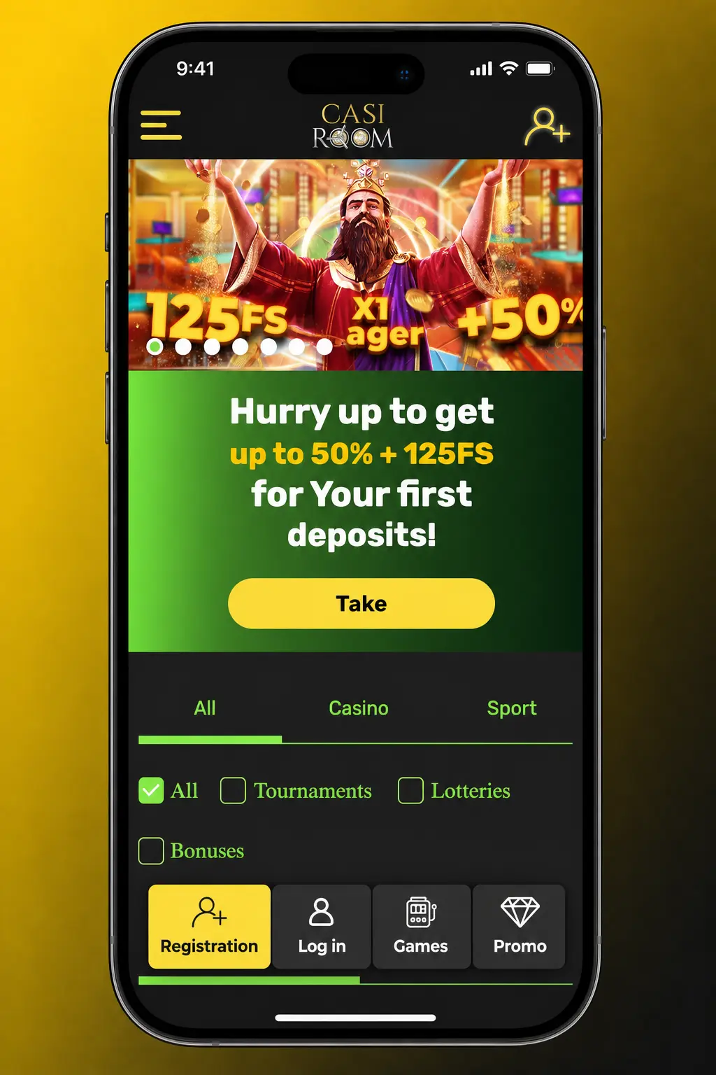 Casiroom account login steps showing sign in with email, password, code, and access to cashier and games