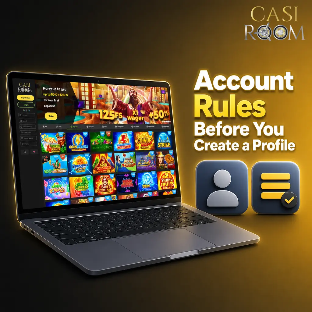 Account registration rules showing 18+ age requirement, legal details, UK address, KYC checks, and own payment method