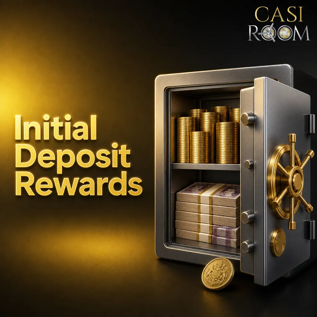 Casiroom initial deposit rewards offering new players a 100% match bonus up to £856 for casino and sports.