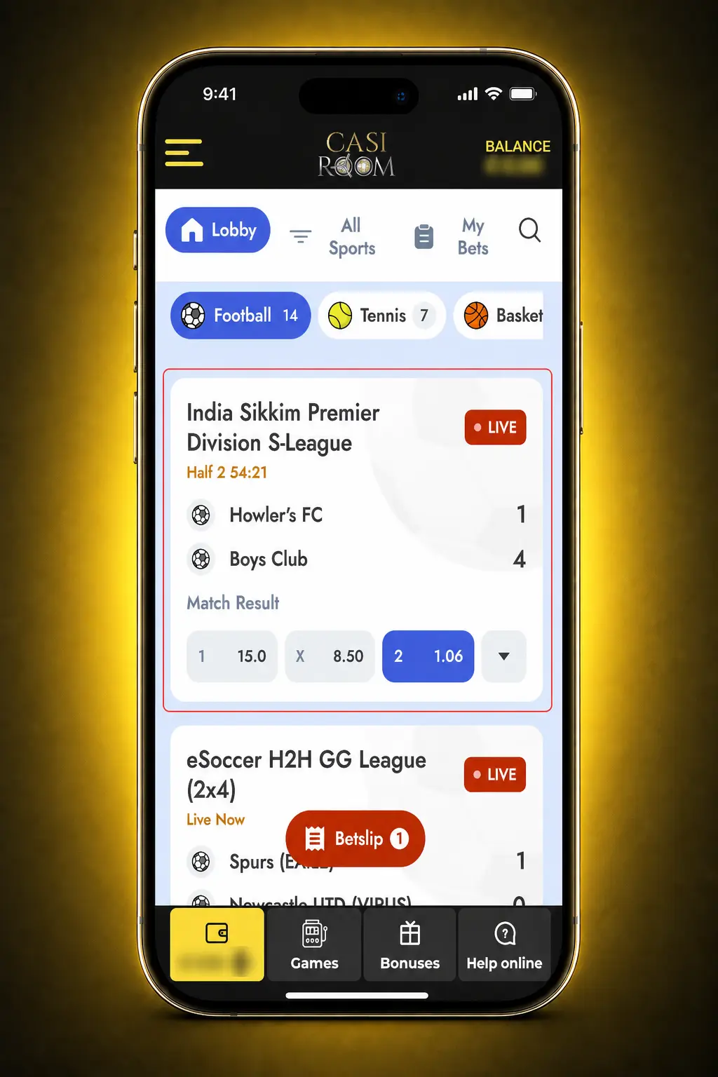 Mobile sports betting steps: choose event and market, add to bet slip, enter stake and place bet with balance