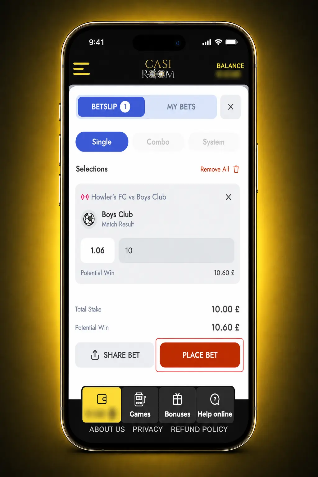 Four-step mobile betting guide showing sports tab, competition, bet slip, stake, and balance requirements