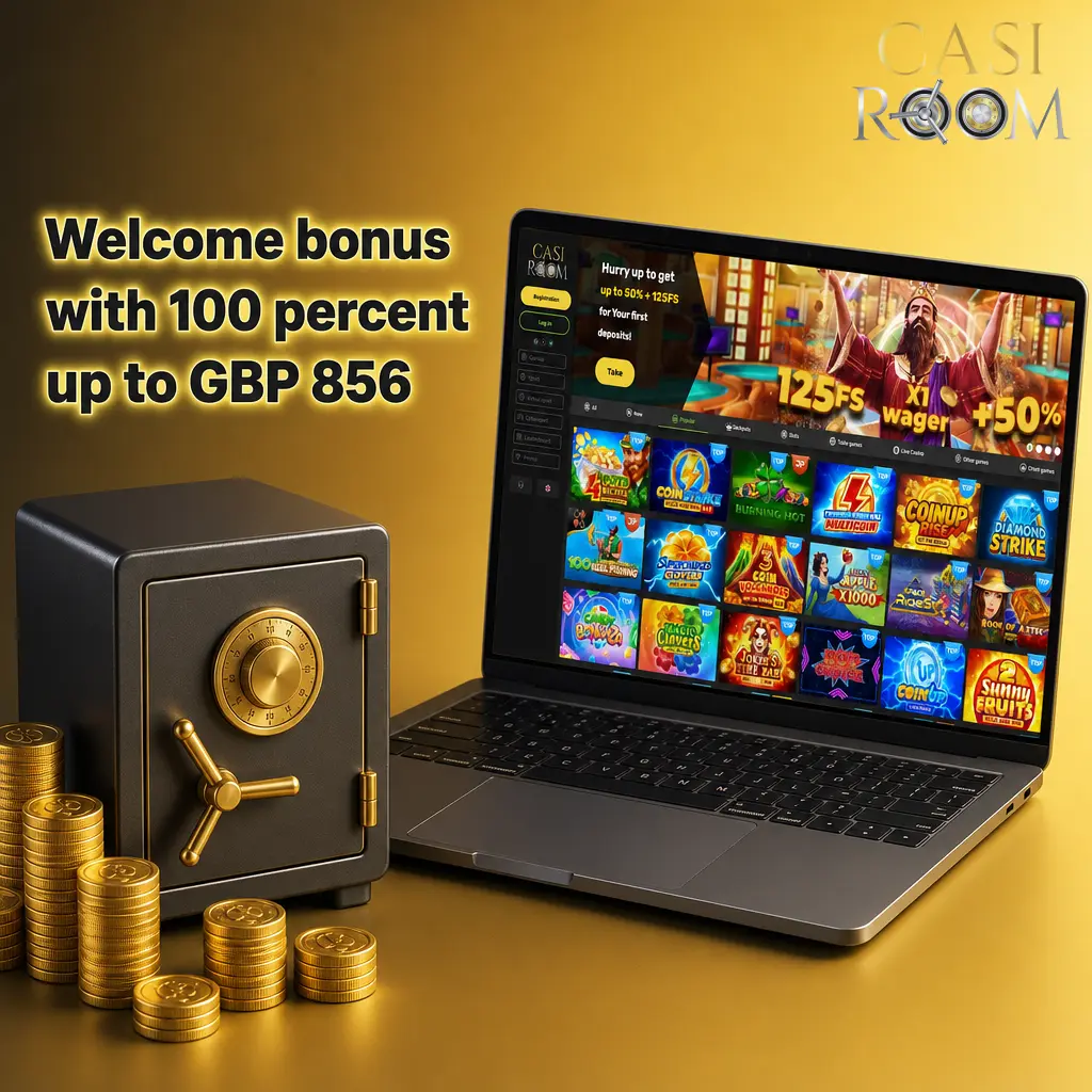 Casiroom 2026 UK welcome bonus card showing 100% match up to GBP 856 with deposit and wagering details