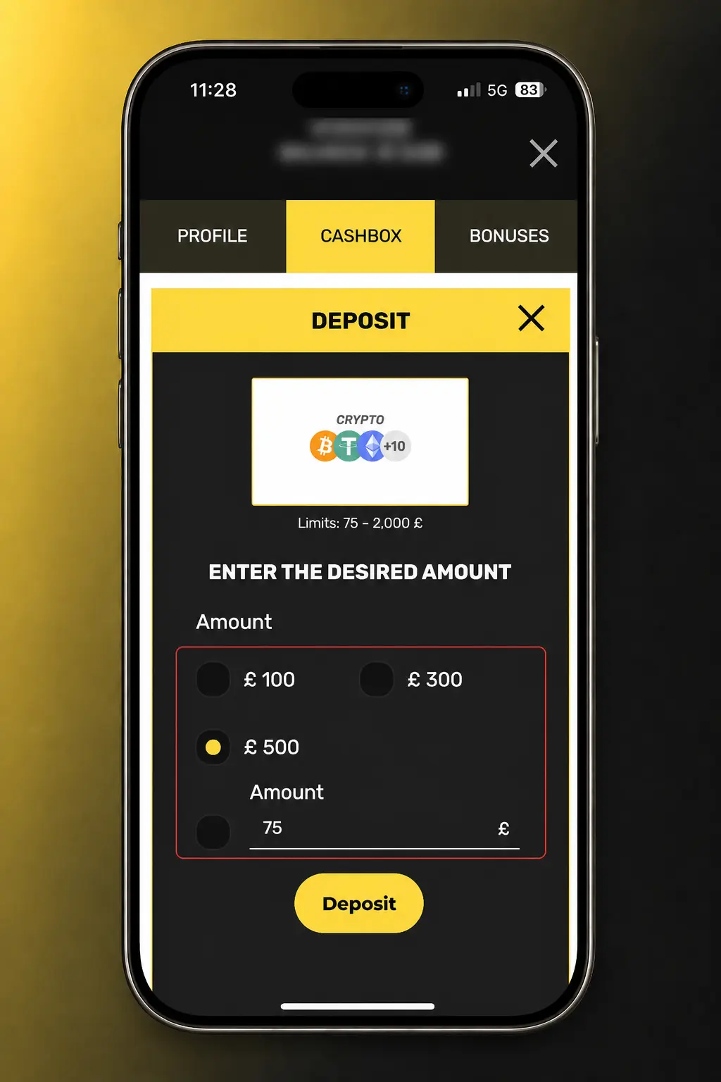 Casiroom UK deposit guide showing cashier payment options and steps for card or crypto deposits