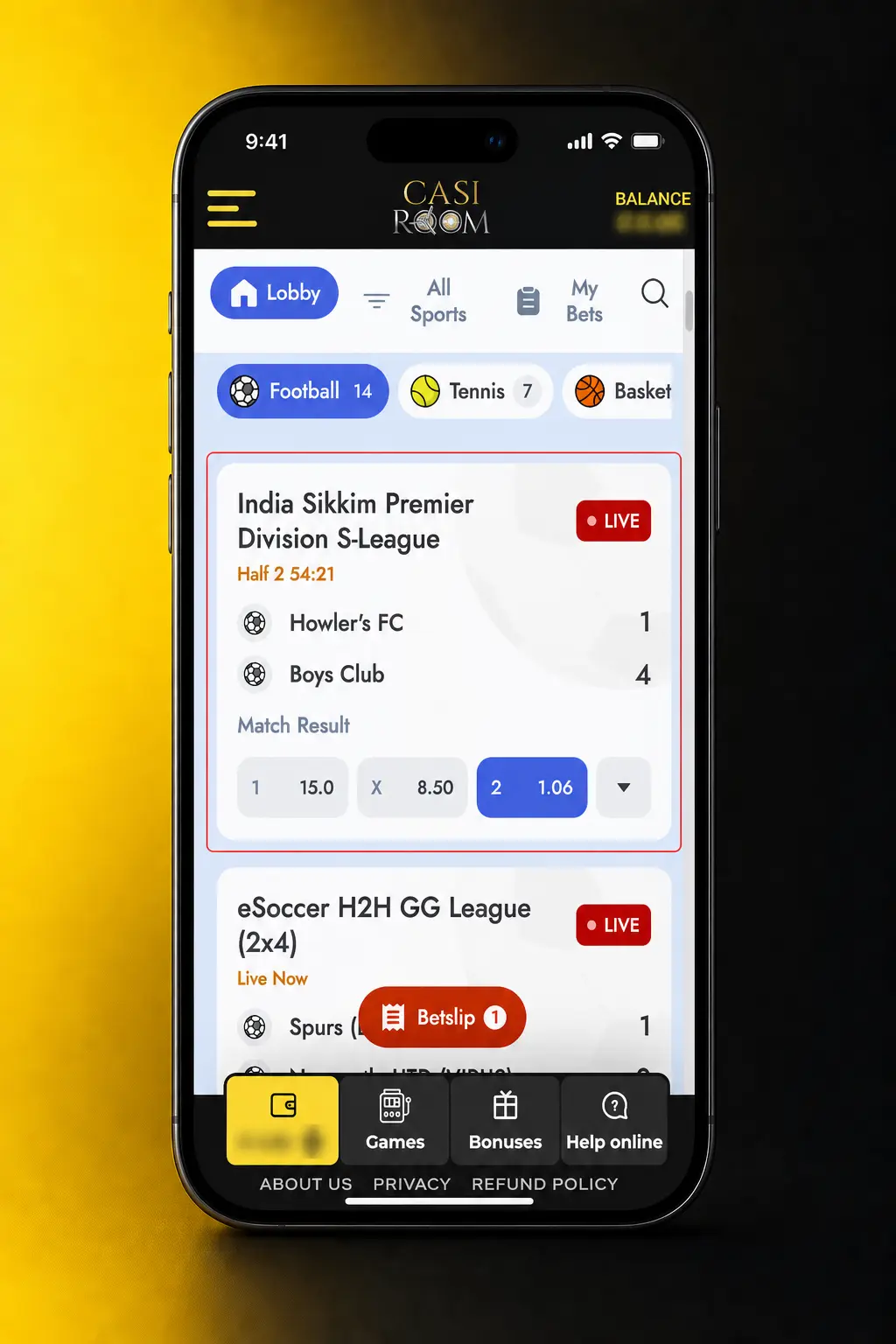 Five-step Casiroom betting guide showing registration, deposit, sports selection, odds, stake and bet slip