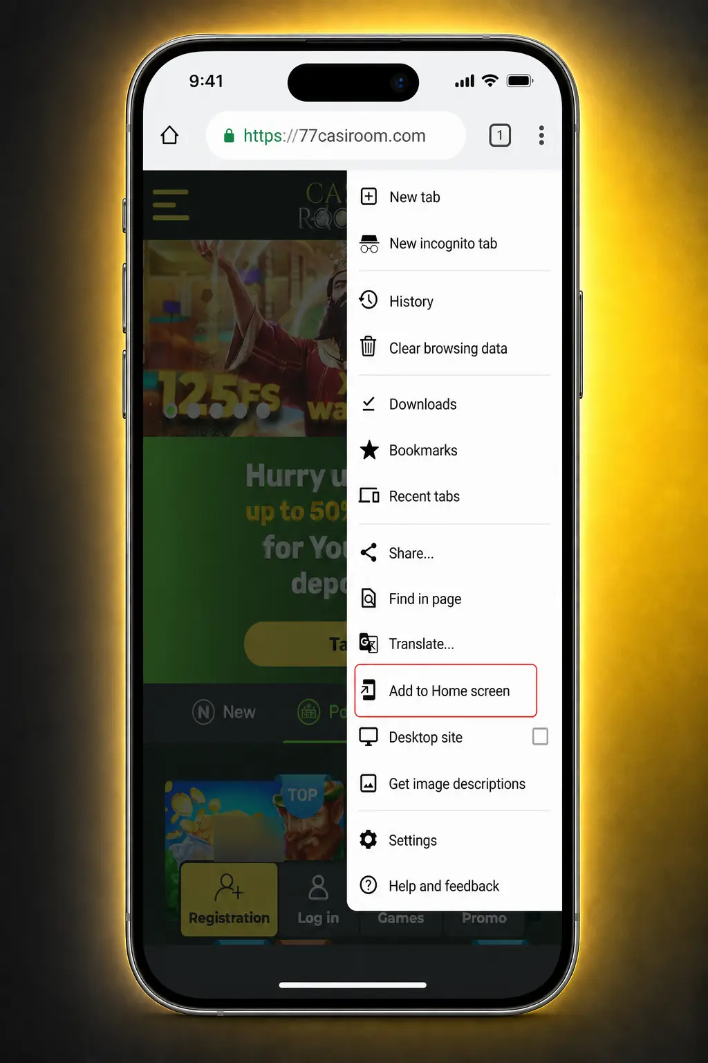 Android phone showing Casiroom PWA installation via browser Add to Home Screen, with no APK download required